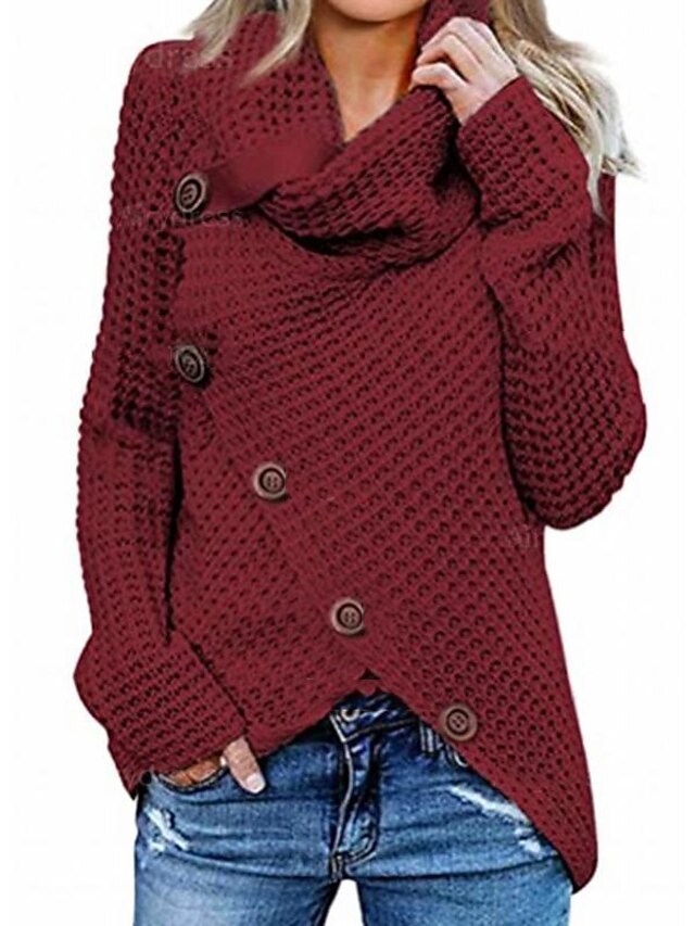  Mujer Pull-over Color sólido De Punto Botón Manga Larga Corte Ancho Cárdigans suéter Otoño Invierno Cuello Barco Vino