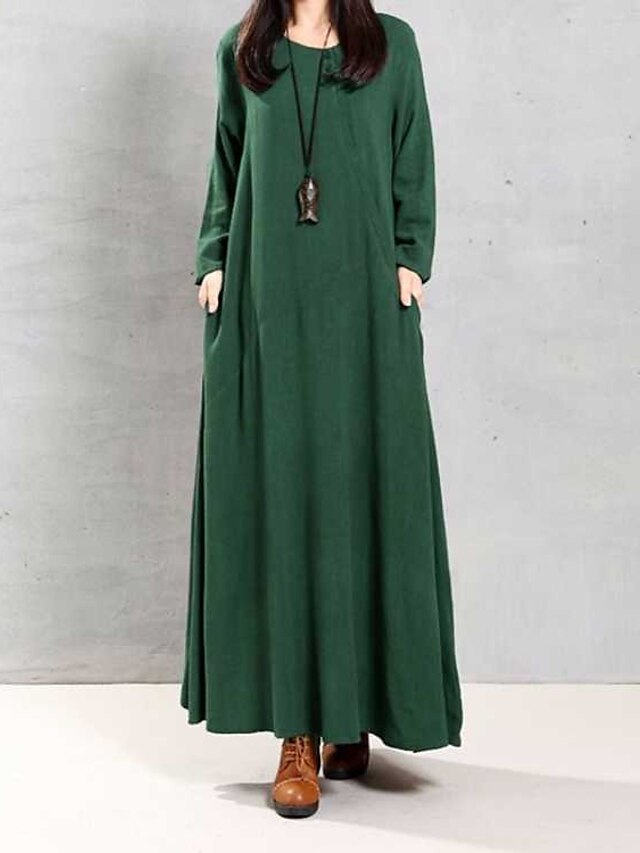  Women's Shift Dress Maxi long Dress Black Wine Green Long Sleeve Solid Color Fall Round Neck Vintage Cotton 2021 M L XL XXL 3XL 4XL 5XL
