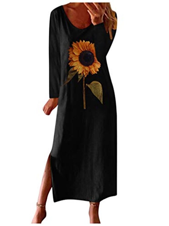  Damen lässig Sonnenblumenmuster lange Ärmel Rüschen Kleid drucken Boho Sommerkleid schwarz