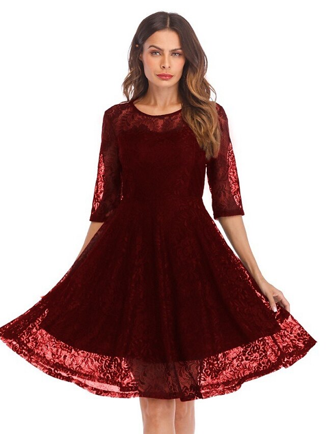  Women's A Line Dress Knee Length Dress Wine Black Navy Blue 3/4 Length Sleeve Solid Color Lace Summer Round Neck Sexy Party Slim 2021 S M L XL XXL