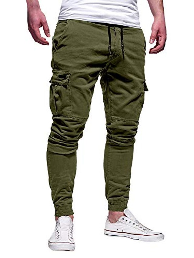  men's skinny cargo joggers slim fit multi pockets sweatpants drawstrings casual gym workout track pants army green xl