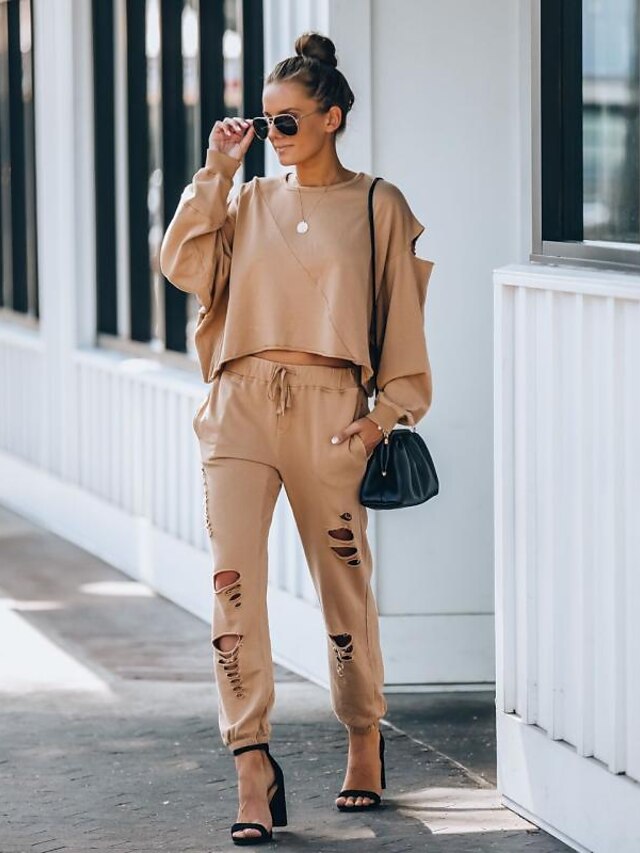  Women's Basic Solid Color Causal Daily Two Piece Set Tracksuit T shirt Pant Loungewear Jogger Pants Drawstring Hole Tops