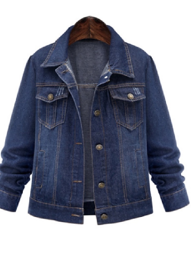  Women's Denim Jacket Daily Spring &  Fall Regular Coat Regular Fit Basic Jacket Long Sleeve Solid Colored Blue