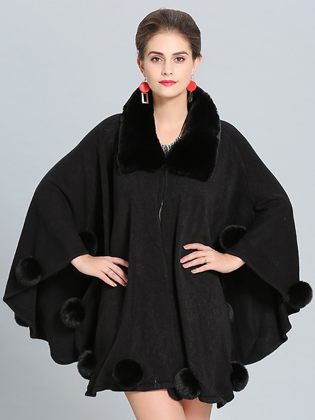  Women's Solid Colored Basic Fall & Winter Cloak / Capes Long Daily Long Sleeve Faux Fur Coat Tops Black