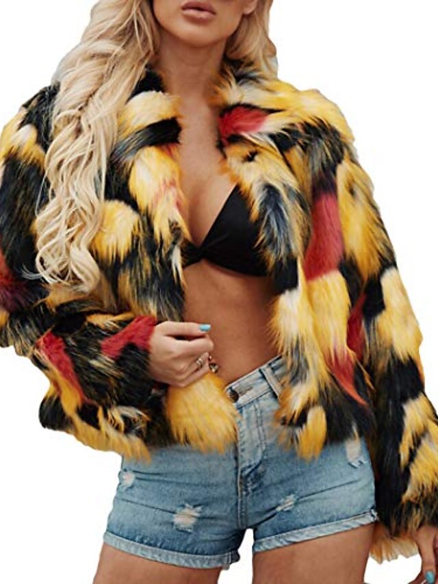  women's thick faux fur jacket outwear winter color block long sleeve coat cardigan outerwear party club (m, e-multicolor)