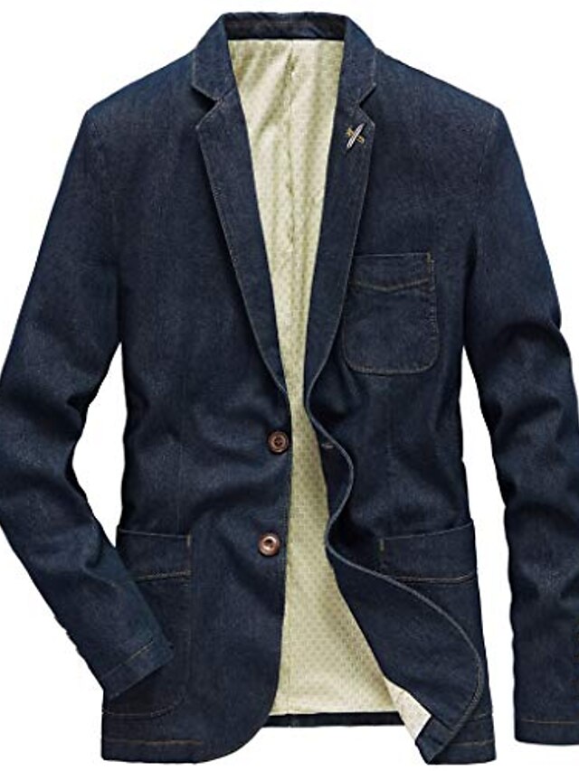  Men's Blazer Sport Jacket Sport Coat Business V Neck Single Breasted One-button Jacket Outerwear Solid Colored Denim Blue Vintage blue Black / Cotton