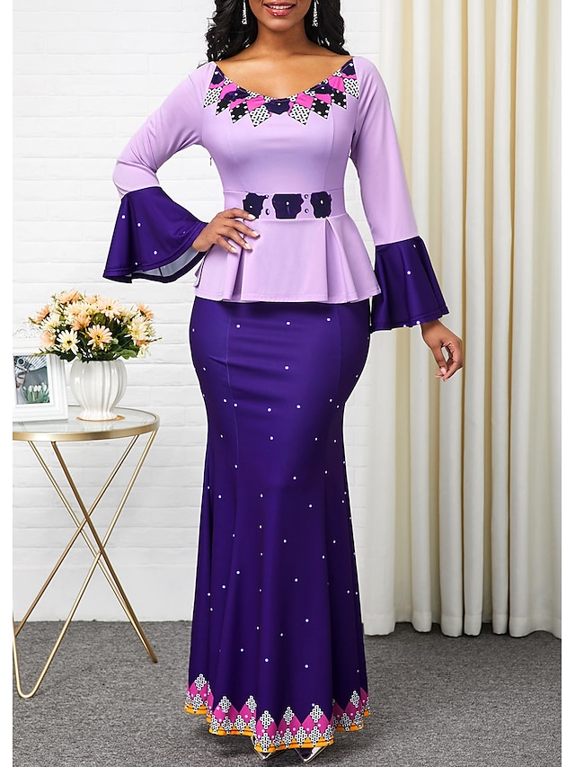  Women's Maxi long Dress Trumpet / Mermaid Dress Blue Purple Pink Long Sleeve Patchwork Print Print Off Shoulder Fall Party Elegant 2022 Slim S M L XL XXL 3XL 4XL 5XL