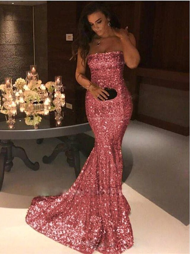  Women's Trumpet / Mermaid Dress Maxi long Dress Blushing Pink Gold Silver Sleeveless Solid Color Backless Lace Patchwork Fall Strapless Elegant Sexy 2021 S M L XL