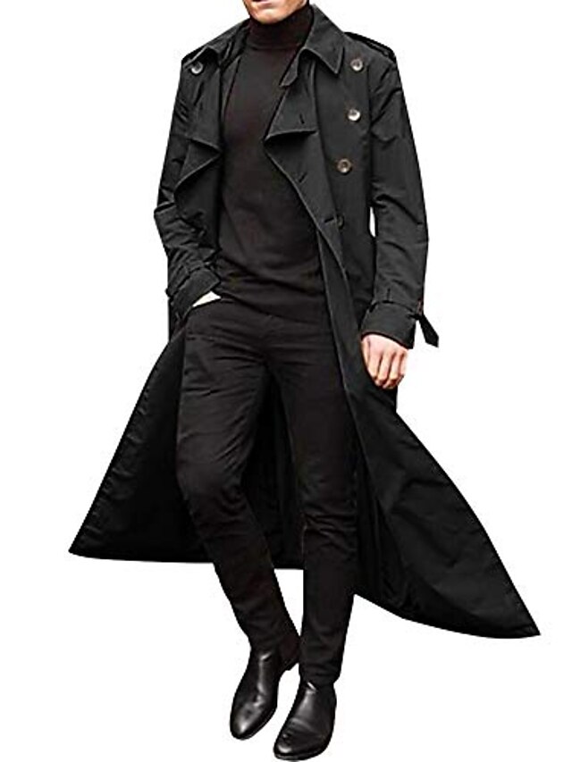  mens long breasted trench coat casual lapel men's long sleeve windbreaker overcoat jacket black