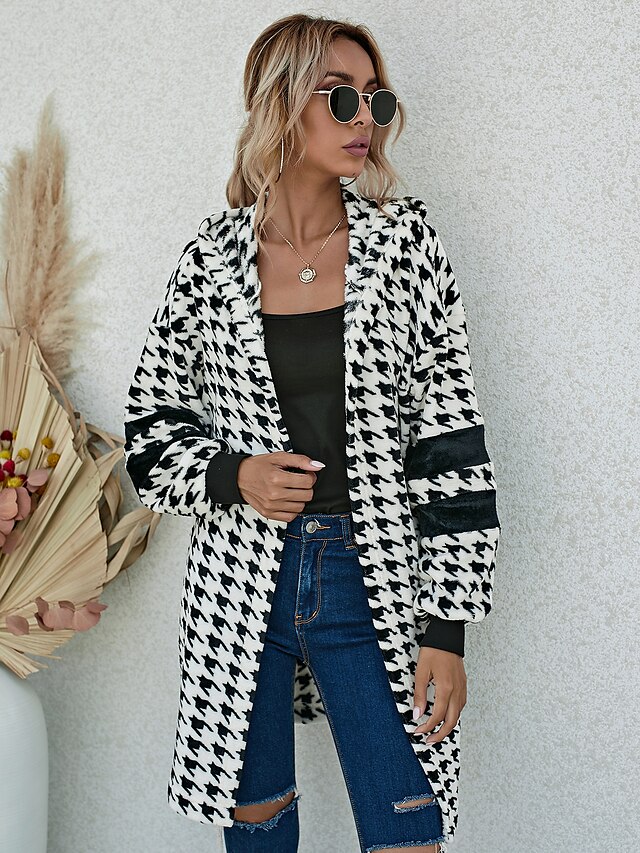  Women's Coat Daily Fall & Winter Long Coat Loose Fit Jacket Long Sleeve Houndstooth Black