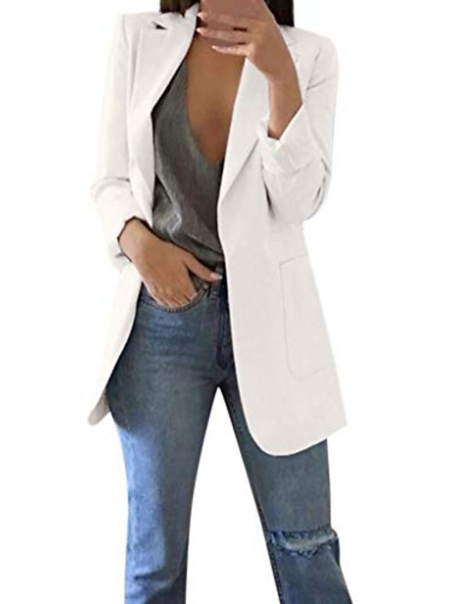  Damen Vintage Open Front solide Langarm Long Blazer Cardigan Mantel Jacke mit Taschen (mittel, weiß)
