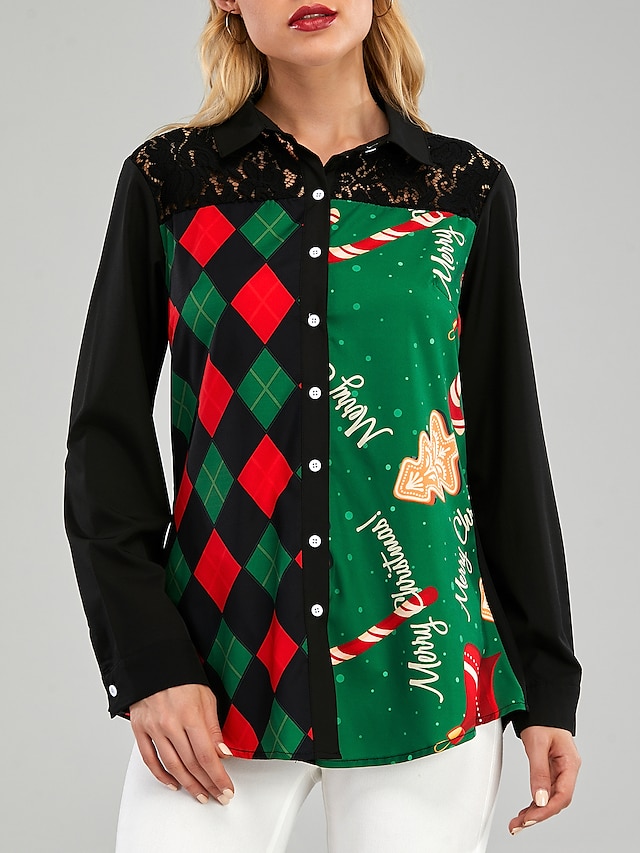  Women's Blouse Shirt Color Block Asymmetric Print Shirt Collar Christmas Tops Black