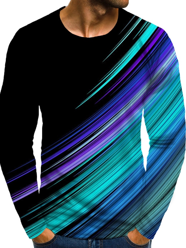  Herre T skjorte Grafisk 3D 3D-utskrift Rund hals Store størrelser Daglig Ferie Langermet Trykt mønster Topper Elegant overdrevet Regnbue
