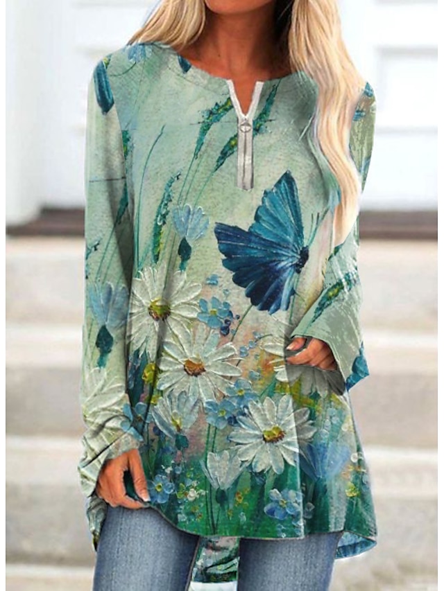  Damen Tunika Grün Blumen Schmetterling Bedruckt Langarm Täglich V Ausschnitt Lang Lockere Passform