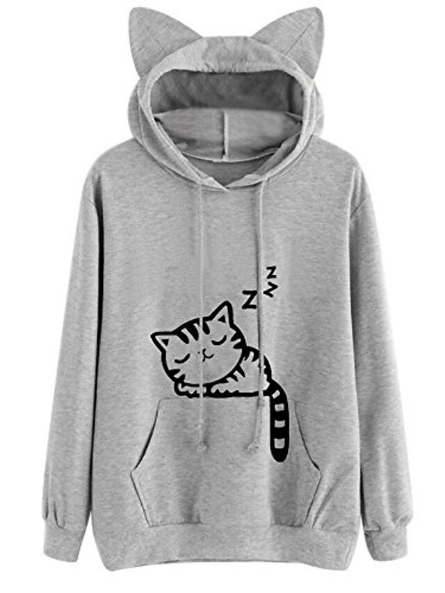  women's cute cat ear printed long sleeve hoodies casual loose hooded sweatshirts sweaters pullover tops shirts gray