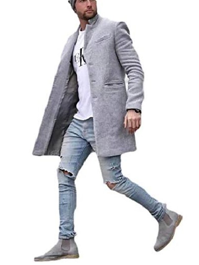  men's fall winter single breasted pure color mid long wrap coat grey xl