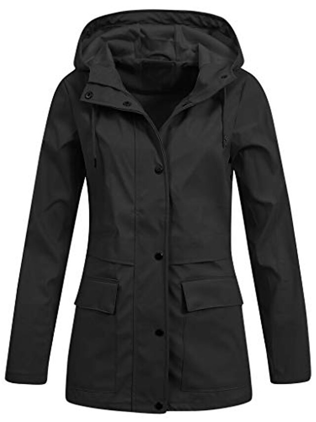 women's trench coats casual waterproof ski jacket windproof rain jacket outdoor hooded windbreaker(l.black)