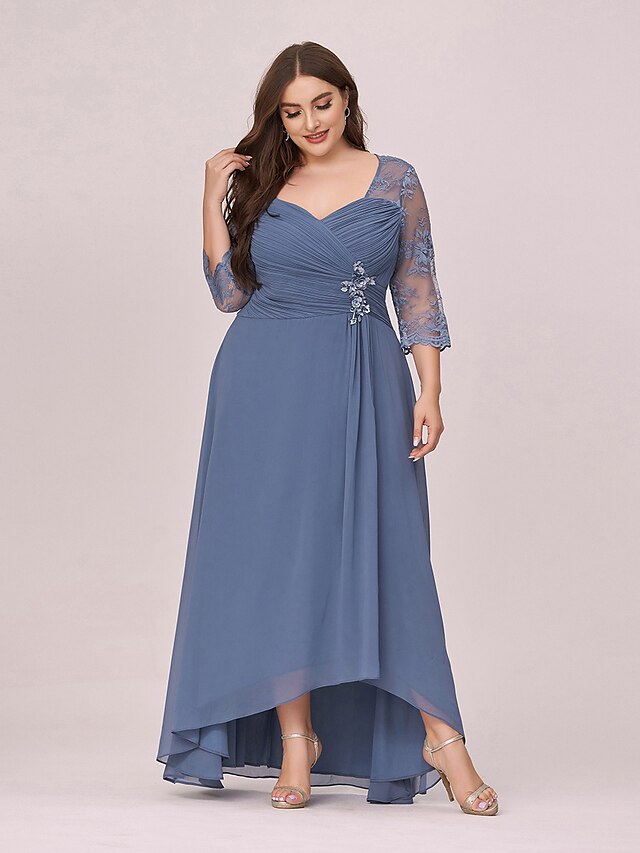  Women's Midi Dress A Line Dress Dusty Blue 3/4 Length Sleeve Lace Solid Color V Neck Fall Spring Elegant Formal 2022 Loose 4XL 5XL 6XL 7XL / Plus Size
