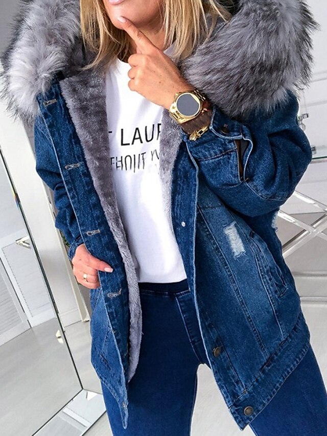  Women's Parka Daily Fall Winter Regular Coat Hooded Loose Streetwear Jacket Long Sleeve Solid Colored Pocket Blue Grey / Lined