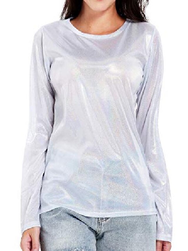  holographic shirt women silver disco tops metallic t shiny tee sequin party l