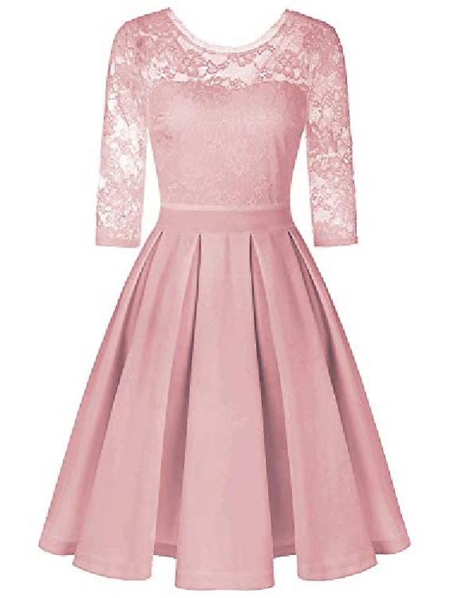  Vestido a media pierna de encaje de cóctel de boda ajustado de color sólido con manga 3/4 floral vintage sexy para mujer rosa