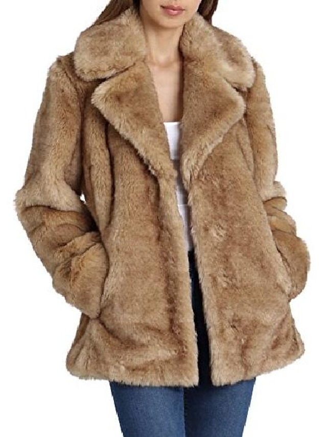  women's faux fur mid length coat with notch collars, natural, medium