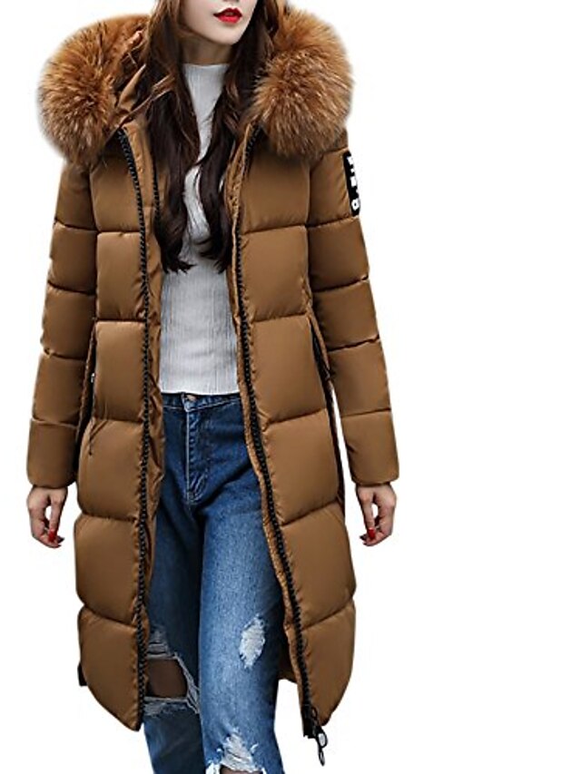  Women's Down Daily Fall Winter Long Coat Slim Casual Jacket Long Sleeve Solid Color Zipper ArmyGreen caramel / Lined