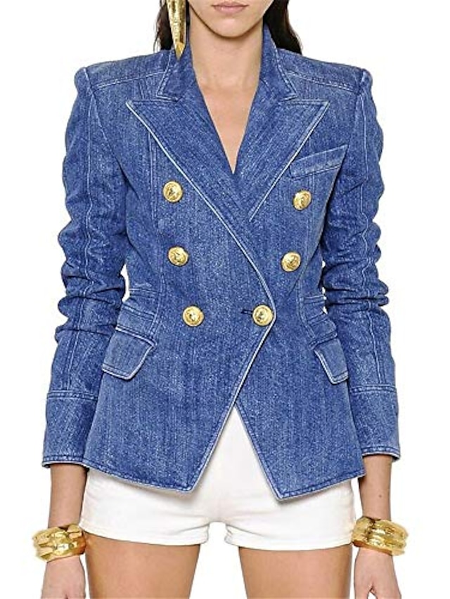  Women's Denim Jacket Pocket Solid Color Chic & Modern Long Sleeve Coat Casual Fall Spring Regular Jacket Picture color / Daily