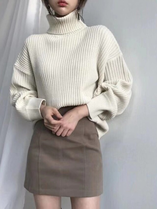  Women's Knitted Solid Color Pullover Long Sleeve Sweater Cardigans Turtleneck Fall Blue Brown Beige