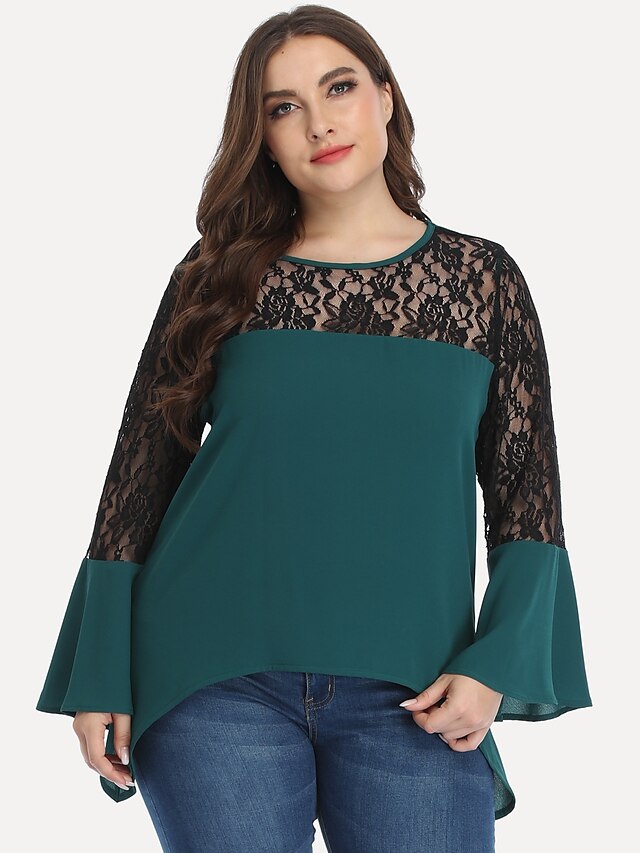  Women's Plus Size Blouse Shirt Solid Colored Long Sleeve Ruffle Lace Patchwork Round Neck Tops Basic Basic Top Green