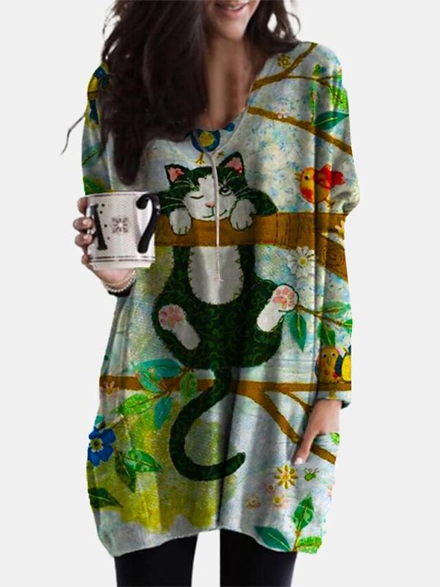  Mujer Vestido de cambio Mini vestido corto Manga Larga Estampado Gato Animal Retazos Estampado Otoño Primavera Casual Boho Algodón 2021 Verde Trébol L XL XXL 3XL 4XL 5XL