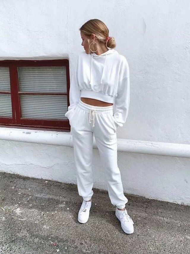  Women's Basic Solid Color Two Piece Set Hoodie Pant Loungewear Drawstring Patchwork Tops