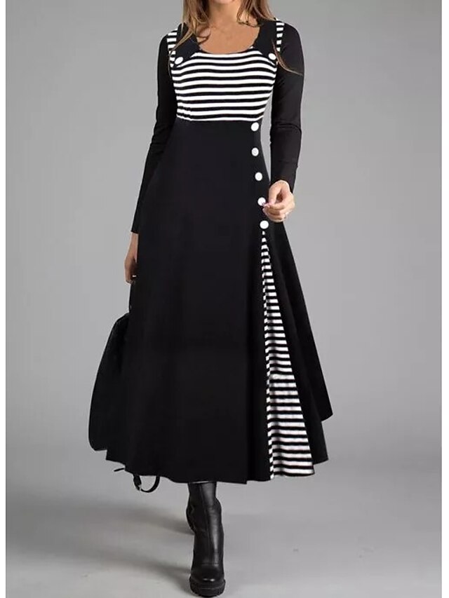  Women's Shift Dress Maxi long Dress Black Long Sleeve Striped Solid Color Button Fall Winter Square Neck Casual 2021 M L XL XXL 3XL