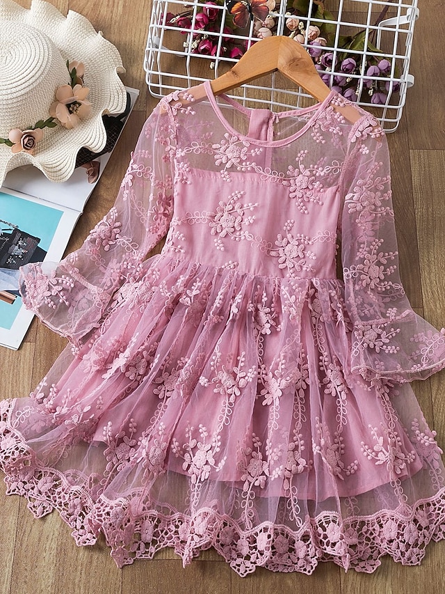  Kids Little Girls' Dress Solid Colored Lace White Blushing Pink Knee-length Long Sleeve Active Sweet Dresses