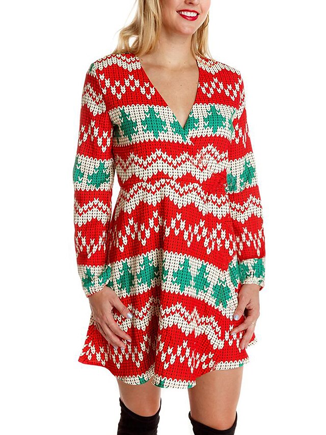  Women's Short Mini Dress Swing Dress Yellow Red Long Sleeve Clothing Print Print V Neck Fall Christmas Casual 2021 Regular Fit S M L XL