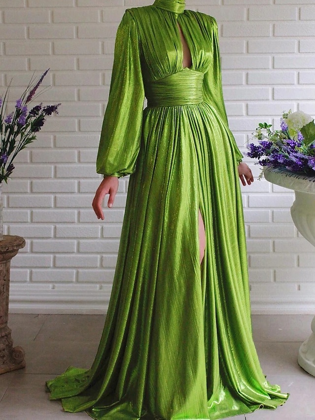  Per donna Vestito svasato Vestito maxi Verde Manica lunga Tinta unica Collage Autunno A V Elegante Sensuale 2021 S M L XL XXL 3XL