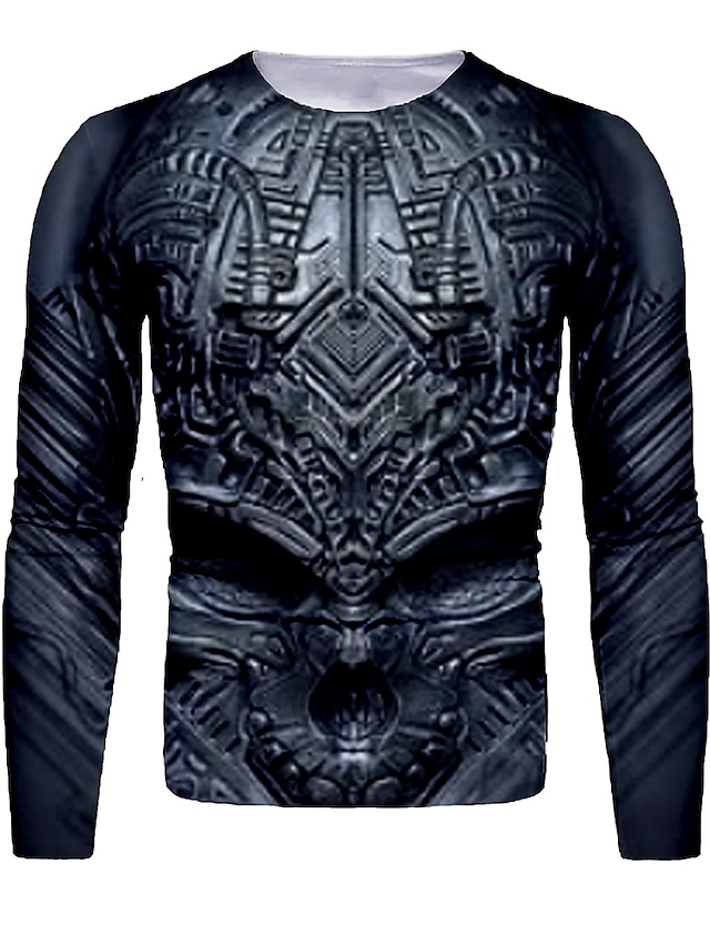  Men's Halloween 3D Print T shirt Graphic 3D Skull Long Sleeve Print Tops Basic Round Neck Black