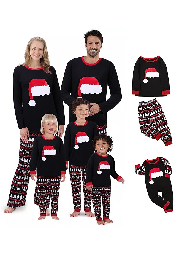  2 Stück Familienblick Kleidungsset Weihnachtsmann Grafik Druck Langarm Standard Schwarz