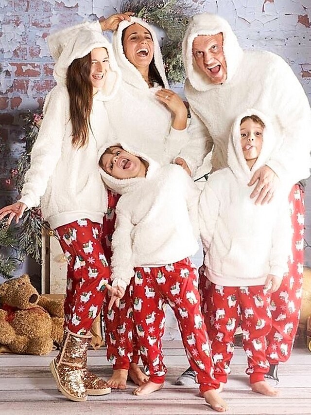  Family Look Family Matching Outfits 2 Piece Clothing Set Santa Claus Animal Long Sleeve Print White Christmas
