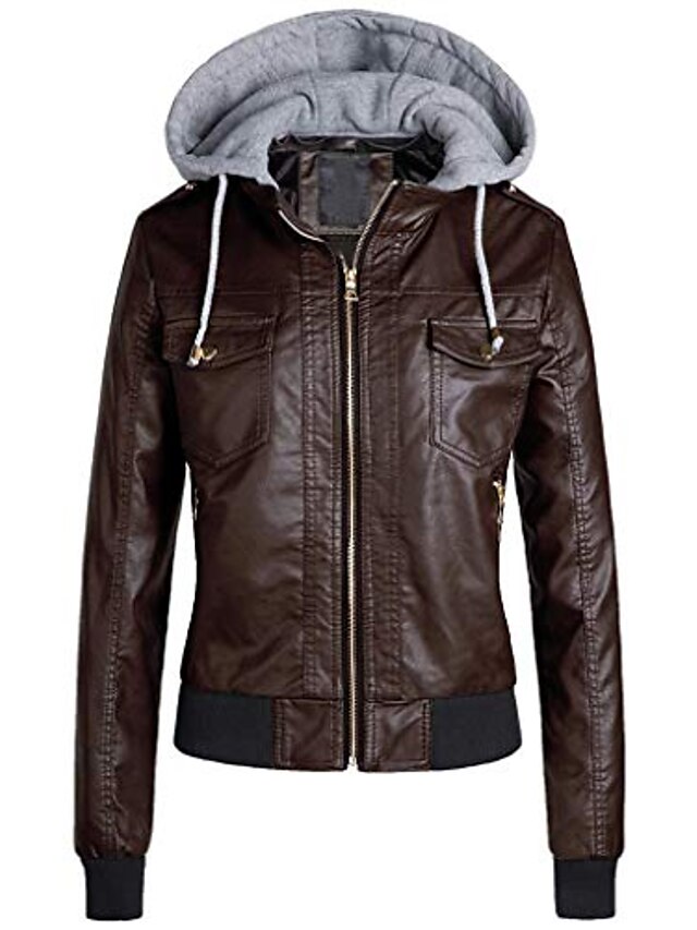  women removable hooded faux leather jackets, zipper caps motorcycle short pu jackets moto biker outwear coat coffee
