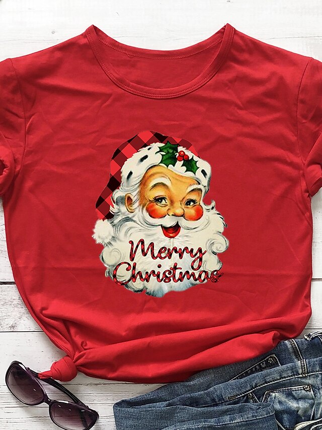  Mujer Navidad Camiseta Gráfico Estampados Letra Estampado Escote Redondo Tops 100% Algodón Básico Navidad Top básico Blanco Negro Morado