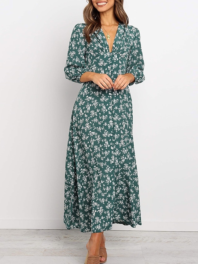  Dame Kappe Kjole Maxi lang kjole Grøn Navyblå 3/4-ærmer Blomstret Delt Trykt mønster Sommer V-hals Afslappet Tynd 2021 S M L XL
