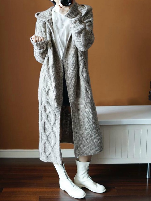  Per donna Cappotto del maglione Autunno inverno Quotidiano Lungo Cappotto Standard Essenziale Giacca Manica lunga Tinta unita Grigio Cammello Nero / Cotone