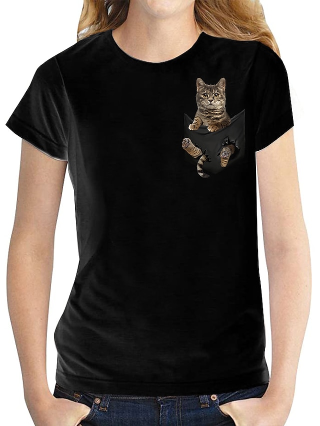  Dame T skjorte 3D Cat Katt 3D Grafiske trykk Rund hals Trykt mønster Grunnleggende Topper Svart Hvit