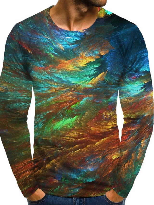  Herre T-shirt Skjorte 3D-udskrivning Grafisk Plusstørrelser Trykt mønster Langærmet Daglig Toppe Rund hals Regnbue / Sport