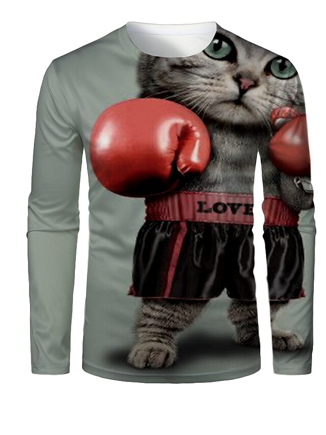  Men's T shirt Graphic 3D Animal 3D Print Round Neck Daily Long Sleeve Print Tops Gray