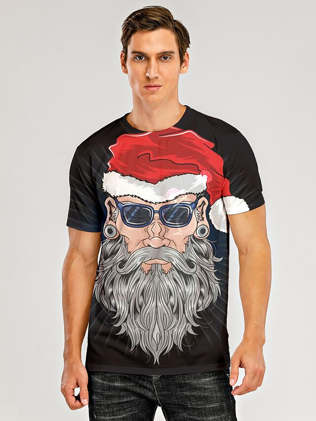  Herre Jul 3D-udskrivning T-shirt Grafisk 3D Kortærmet Trykt mønster Toppe Rund hals Sort / Grå