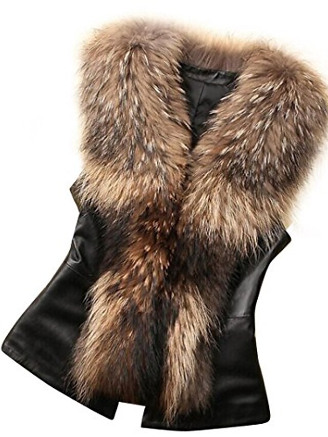  Women's Vest Causal Fall Winter Regular Coat Regular Fit Elegant & Luxurious Jacket Sleeveless Animal Fur Pattern Pure Color Foreign trade black Red / V Neck