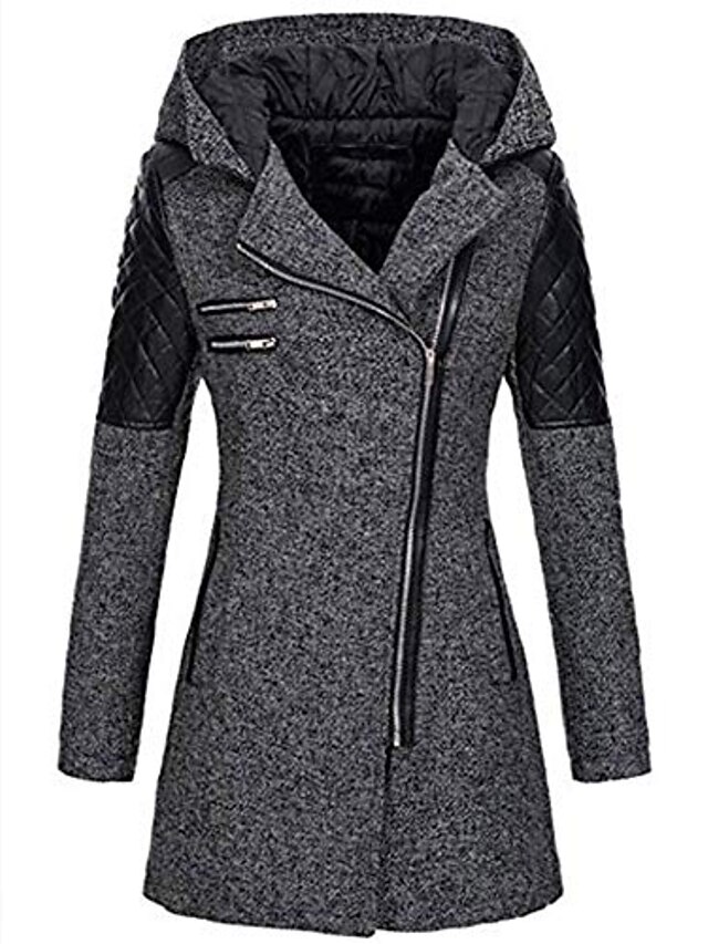  women's warm long sleeves oblique zipper neck splice geometric pattern fleece pullover outwear hooded zipper coat gray