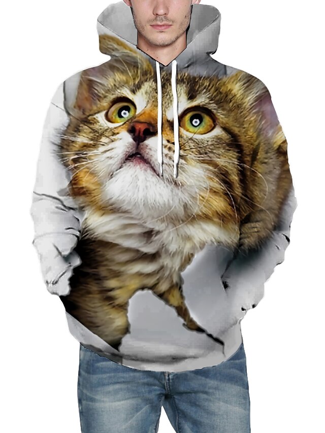 Men's Cat Graphic 3D Pullover Hoodie Sweatshirt Front Pocket 3D Print Daily 3D Print Hoodies Sweatshirts  Yellow